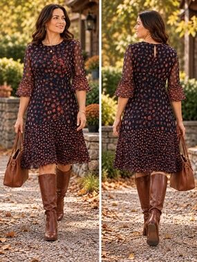 L.K. Bennett Silk Floral Fit Flare Dress US 12 UK 16 Navy Coral Knee Length NWT